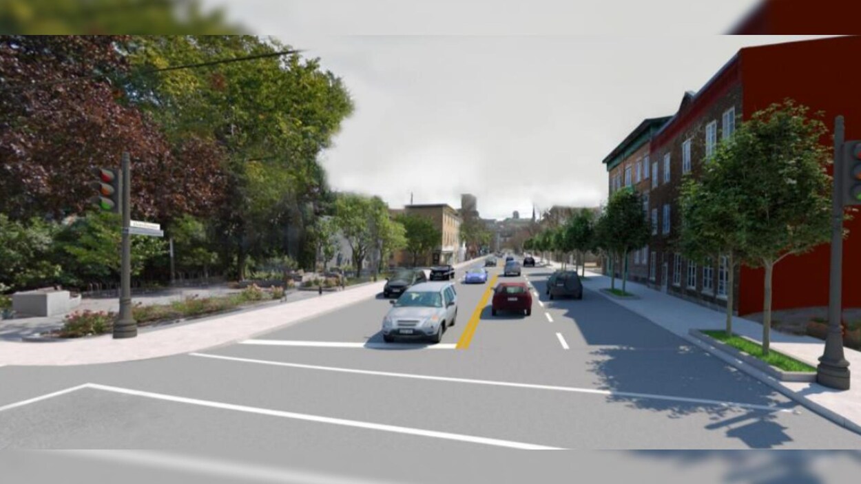 Une maquette illustrée de la rue Dorchester, mais avec quatre voies, deux directions, au lieu de trois voies vers le sud.