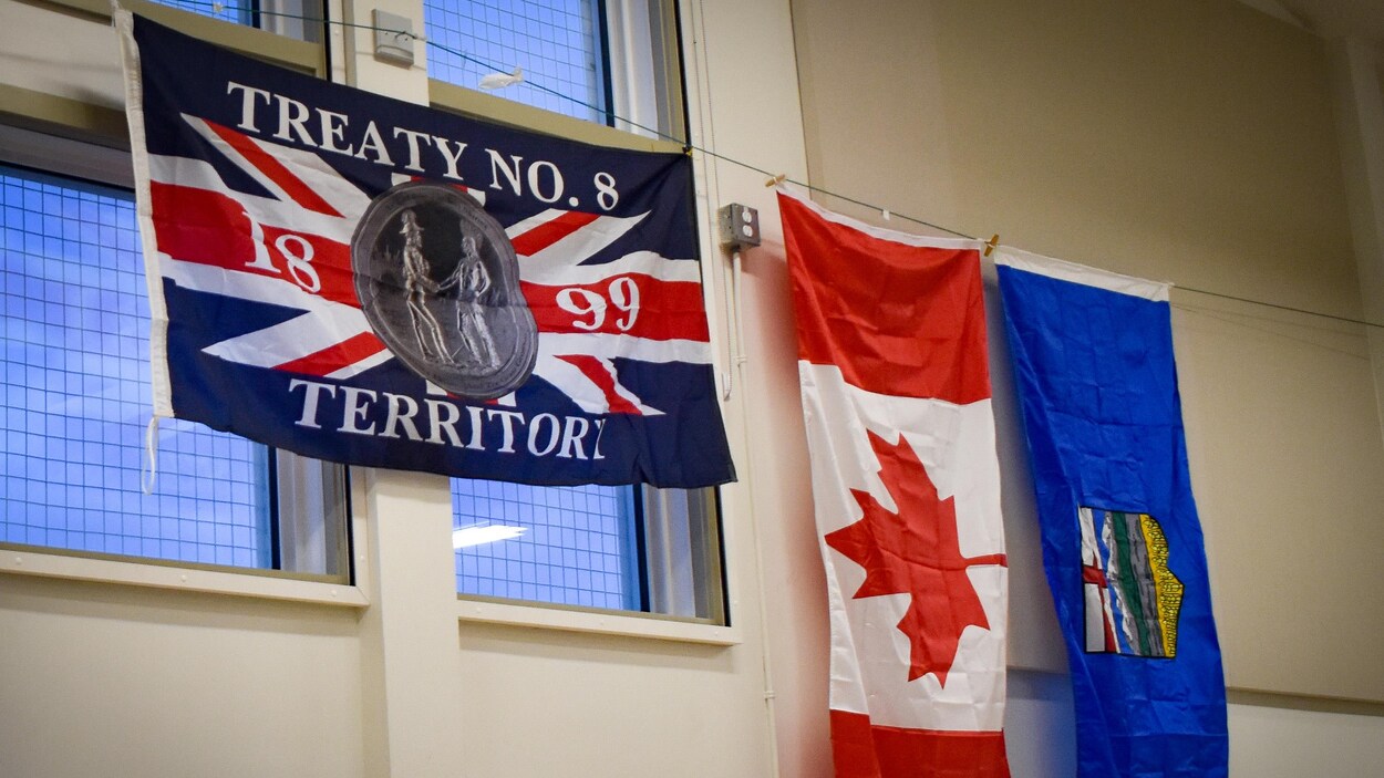 Le drapeau du Traité no 8, à côté des drapeaux du Canada et de l'Alberta.