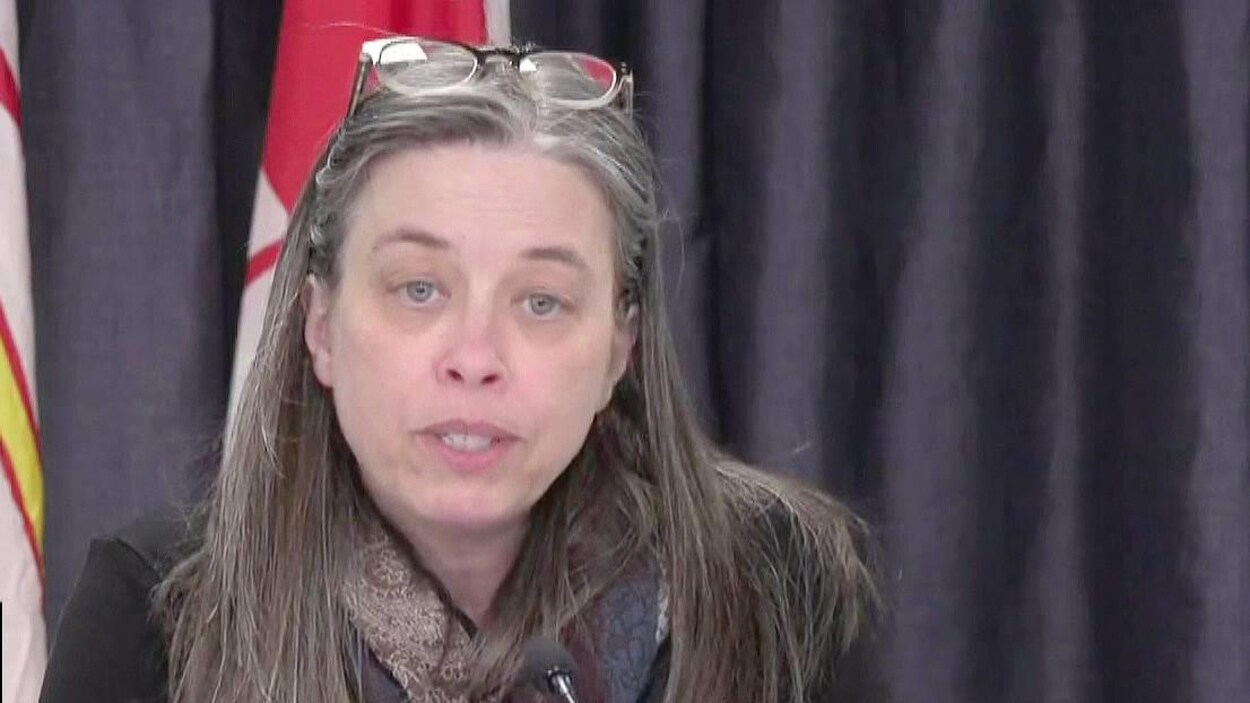 Janice Fitzgerald fixe la caméra durant une conférence de presse.
