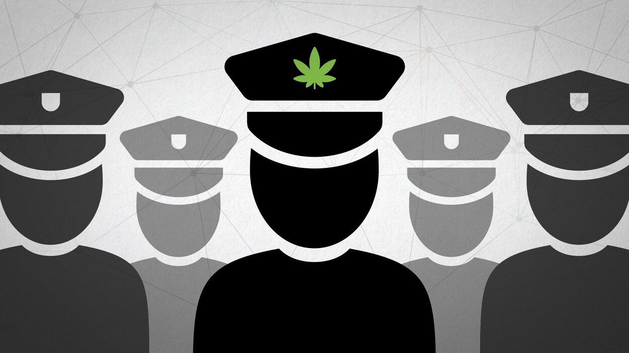 Un dessin représentant des agents de police dont un a une plante de cannabis sur sa casquette.