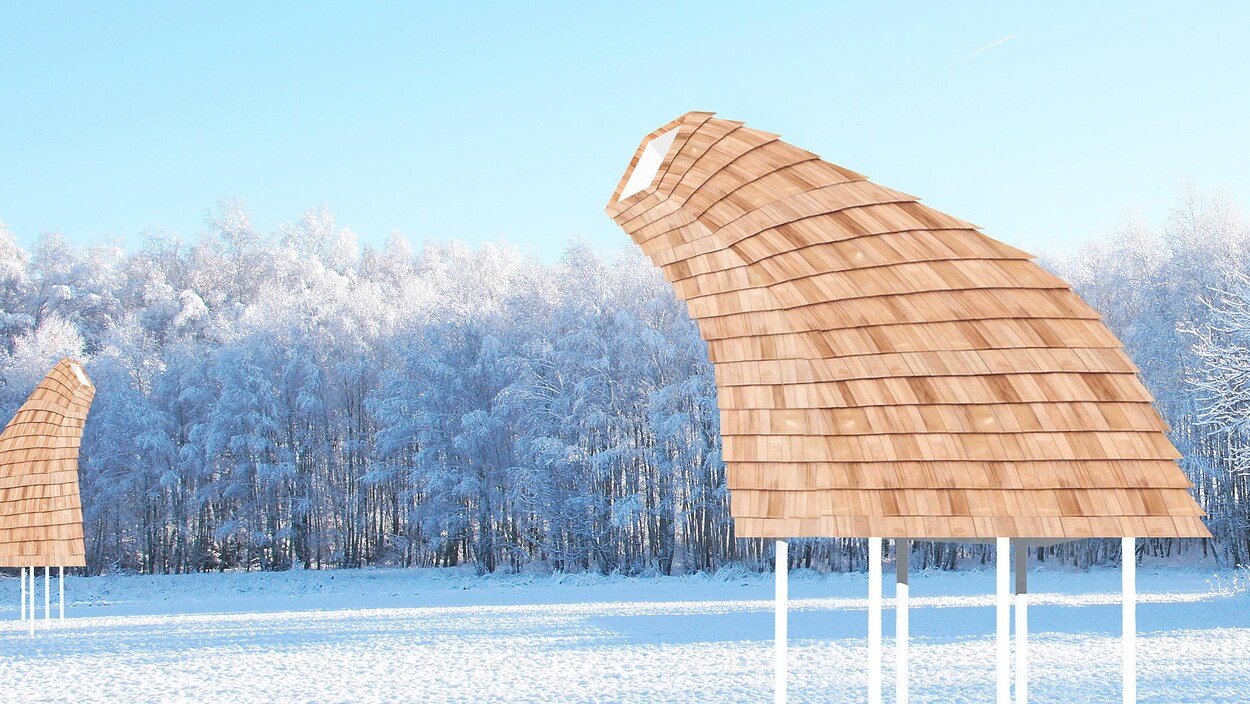 Une sculpture en bois sur la neige.