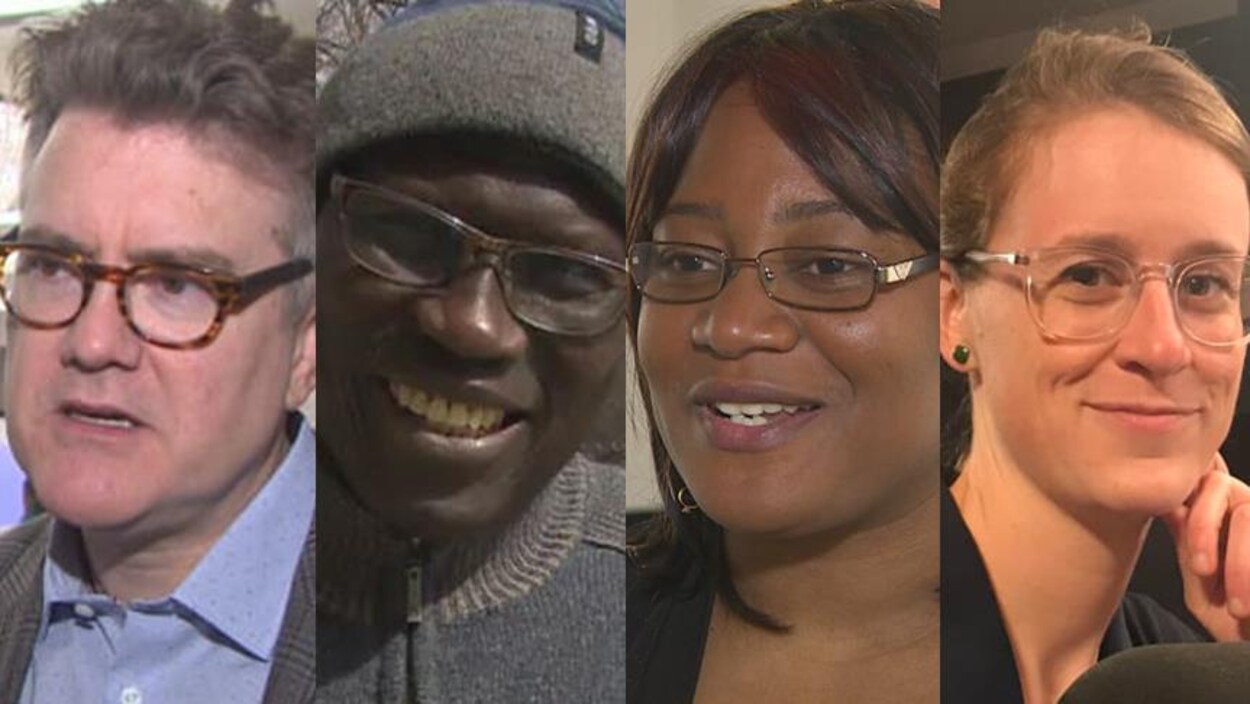 Les quatre candidats de gauche à droite Le libéral Dougald Lamont, le conservateur Mamadou Ka, la néo-démocrate Blandine Tona et la candidate du Parti vert Françoise Therrien Vrignon.