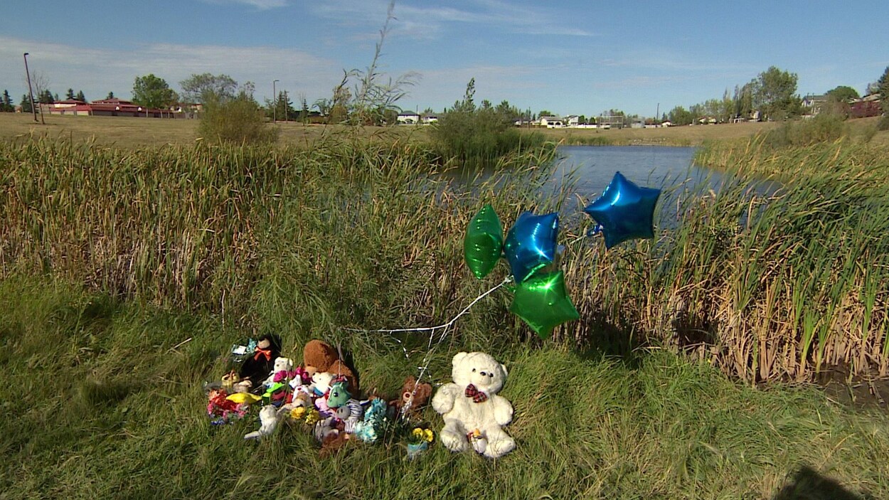 Des ballons flottent dans les airs, alors que des ours en peluche gisent sur le gazon entourant le bassin d'eau. Des ballons flottent dans les airs, alors que des ours en peluche gisent sur le gazon entourant le bassin d'eau.