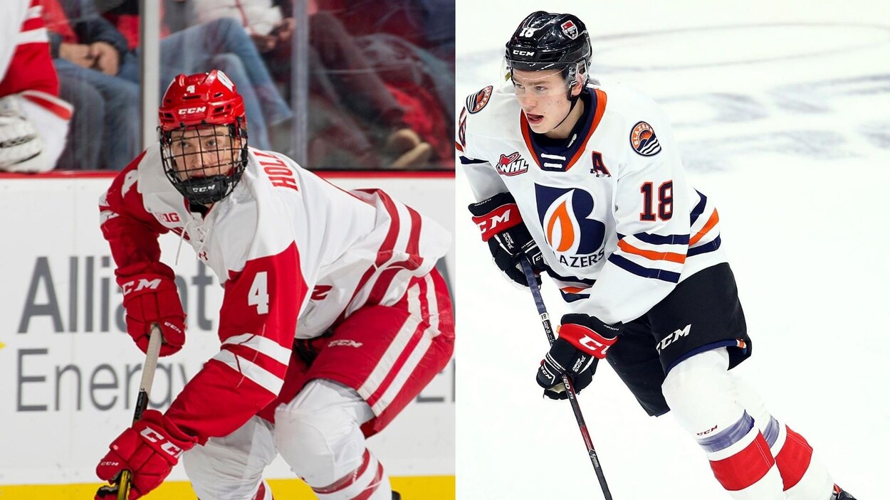 Dylan Holloway lors d'un match avec les Badgers du Wisconsin et Connor Zary lors d'un match des Blazers de Kamloops.