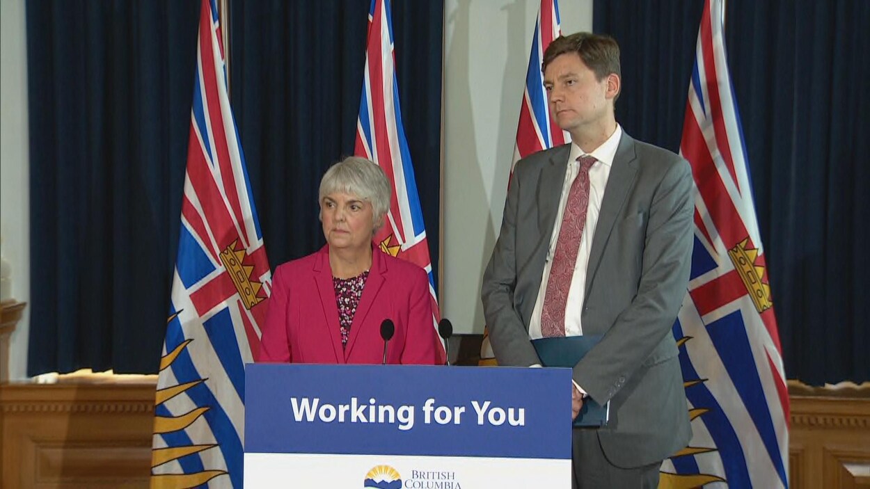 Deux personnes, David Eby et Carole James, debout derrière un lutrin, avec le drapeau de la Colombie-Britannique derrière eux.