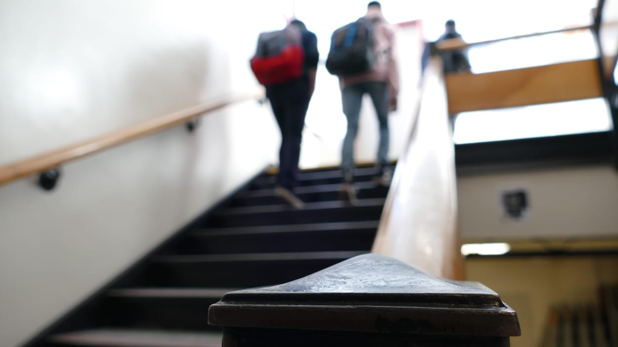 Des étudiants montent un escalier.