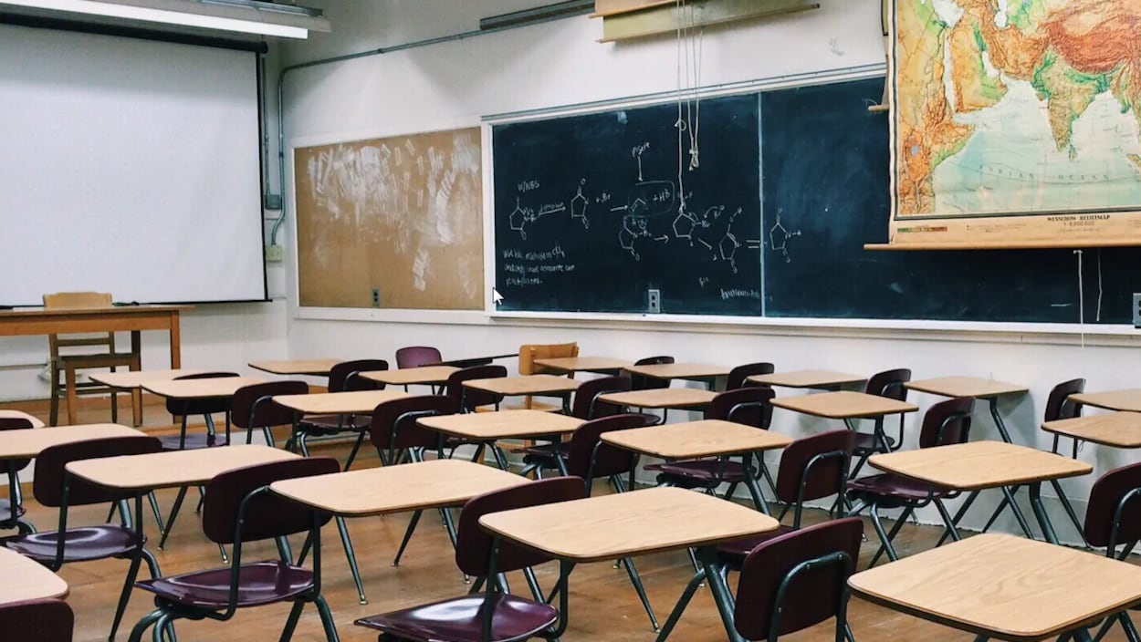 Une salle de classe vide avec un tableau, des tables et des chaises.