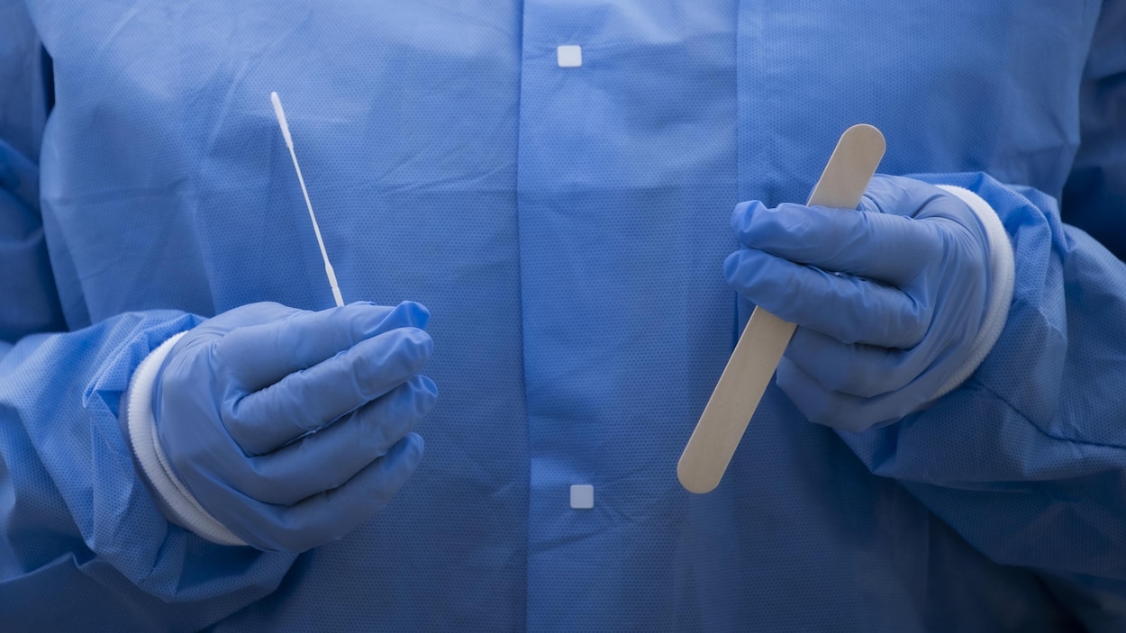 Un professionnel de la santé portant des gants tient une languette et un écouvillon.