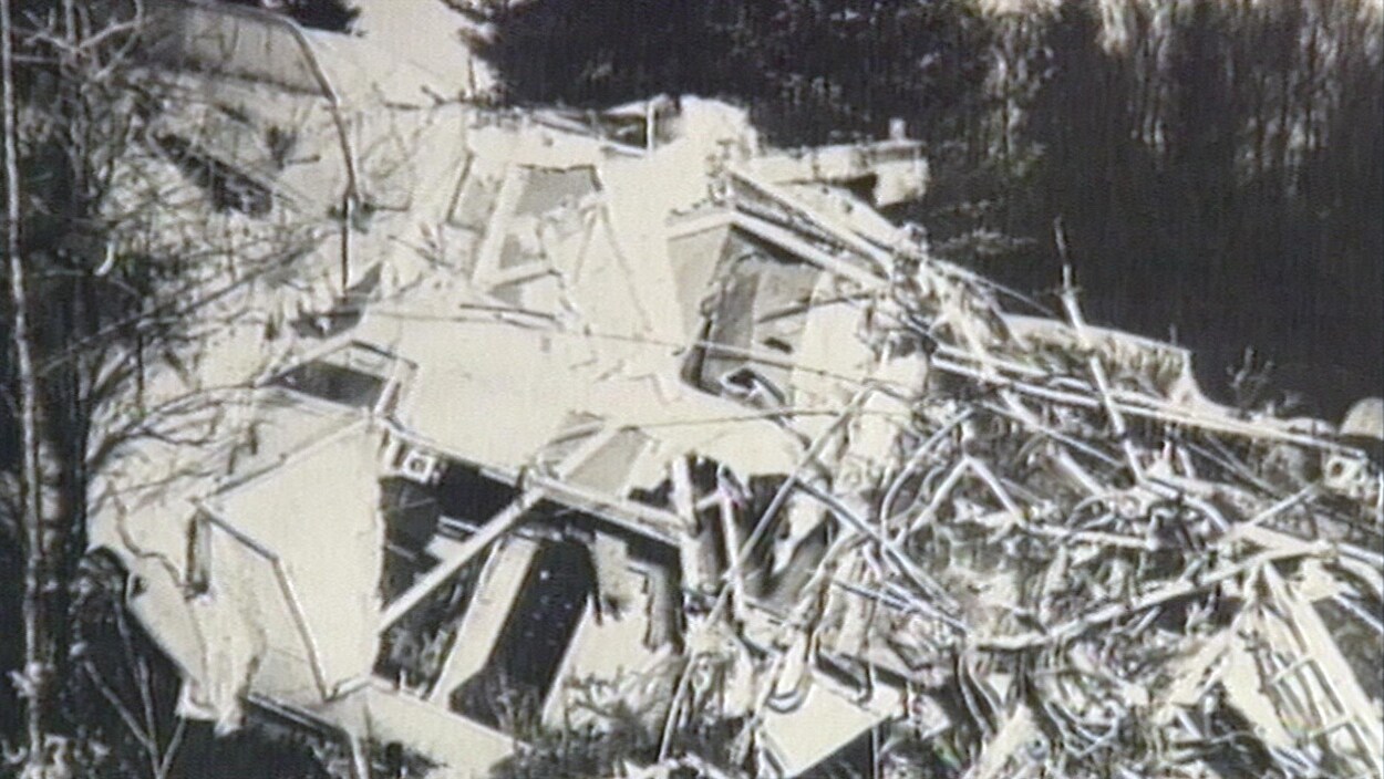 Une photo en noir et blanc des décombres d'un avion écrasé au fond d'une forêt Une photo en noir et blanc des décombres d'un avion écrasé au fond d'une forêt