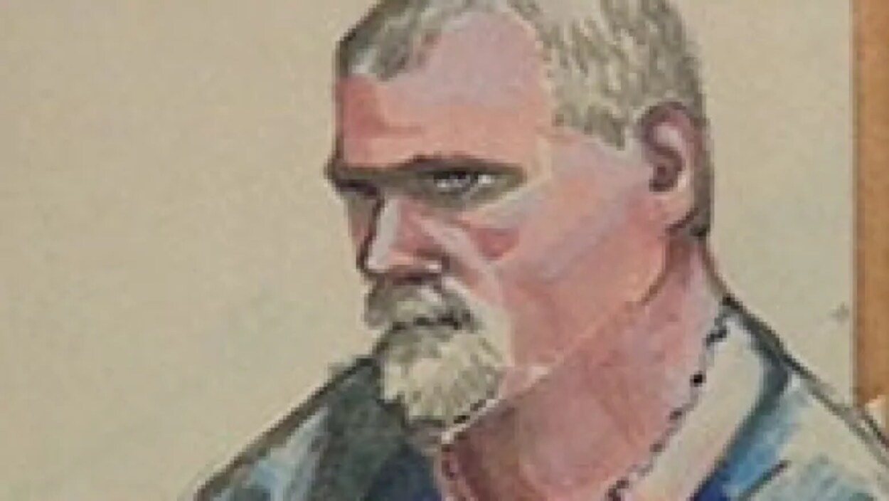 Un croquis d'audience d'Edwin Proctor qui porte une barbe grise en 1995