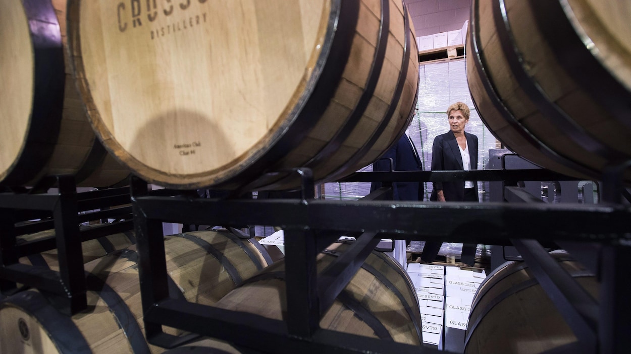 Ontario Liberal Leader Kathleen Wynne is framed between aging barrels before speaking at Crosscut Distillery during a campaign stop in Sudbury, Ont., on Wednesday, May 23, 2018. THE CANADIAN PRESS/Nathan Denette Ontario Liberal Leader Kathleen Wynne is framed between aging barrels before speaking at Crosscut Distillery during a campaign stop in Sudbury, Ont., on Wednesday, May 23, 2018. THE CANADIAN PRESS/Nathan Denette