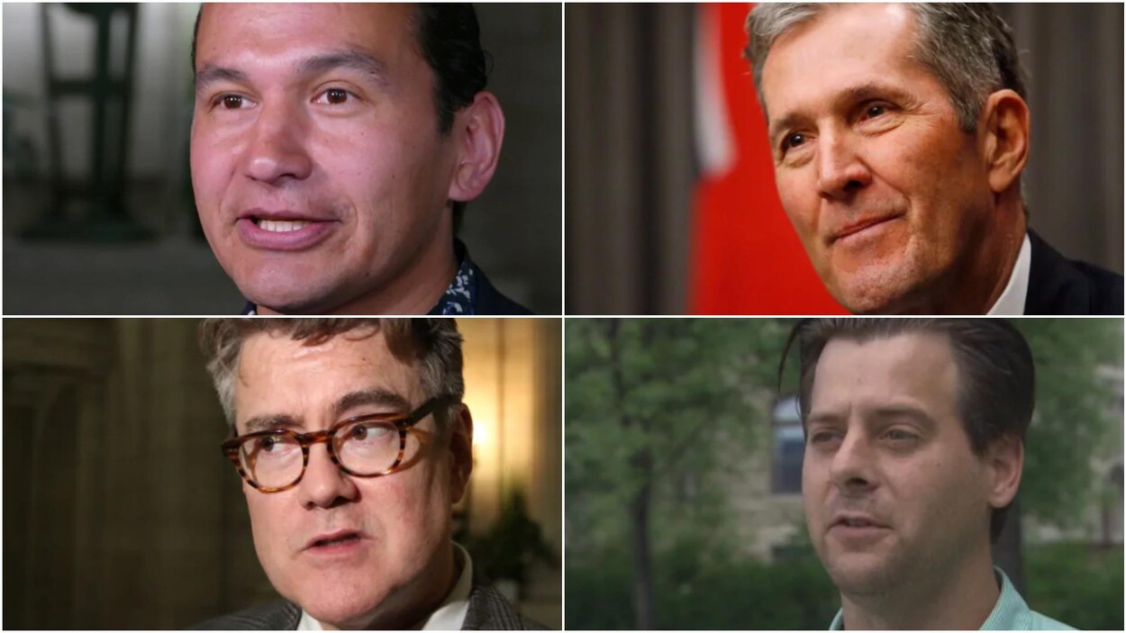 Un montage où on voit les visage de quatre hommes en gros plan.