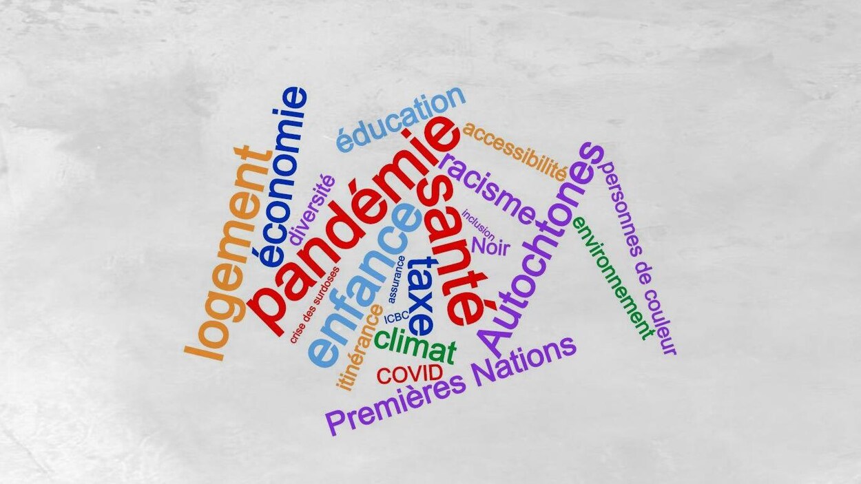 Nuage de mots : santé, pandémie, enfance, logement, autochtones, taxe, économie, climat, racisme, COVID, Premières Nations, éducation, Noir, personnes de couleurs, itinérance, diversité, accessibilité, environnement, crise des surdoses, inclusion, assurance, ICBC.