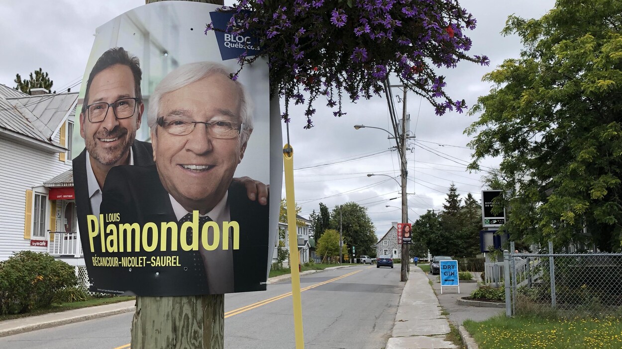 Sur une rue, on aperçoit une pancarte électorale accrochée à un arbre et sur laquelle on voit les visages de Louis Plamondon et de son chef au Bloc québécois Yves-François Blanchet.