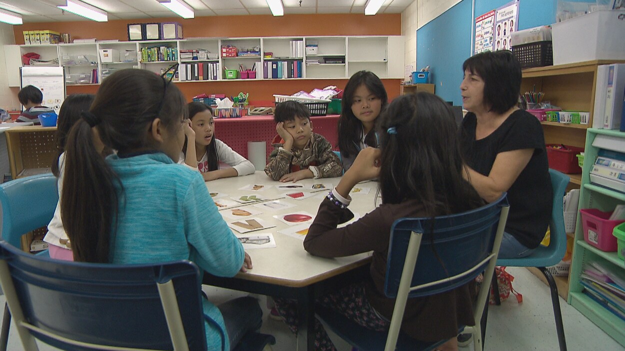Des élèves assis autour d'une table, avec leur enseignante.