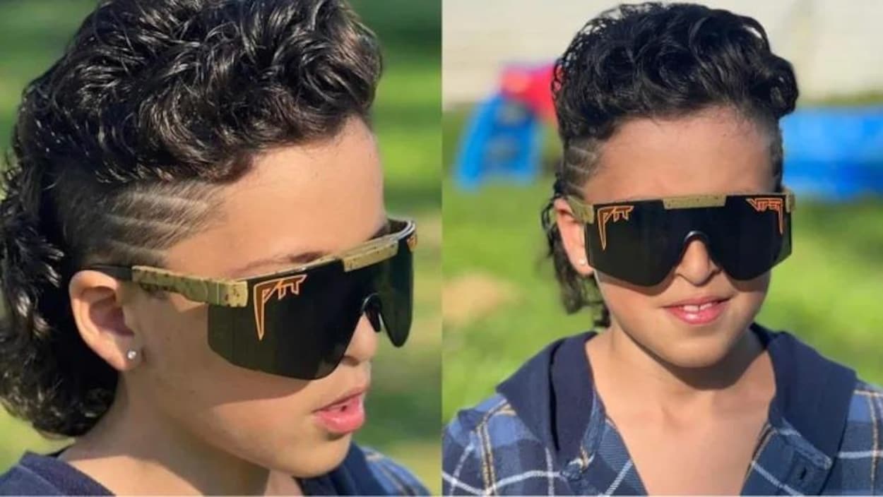 Deux images du garçon avec une coupe Longueuil et des lunettes de soleil.