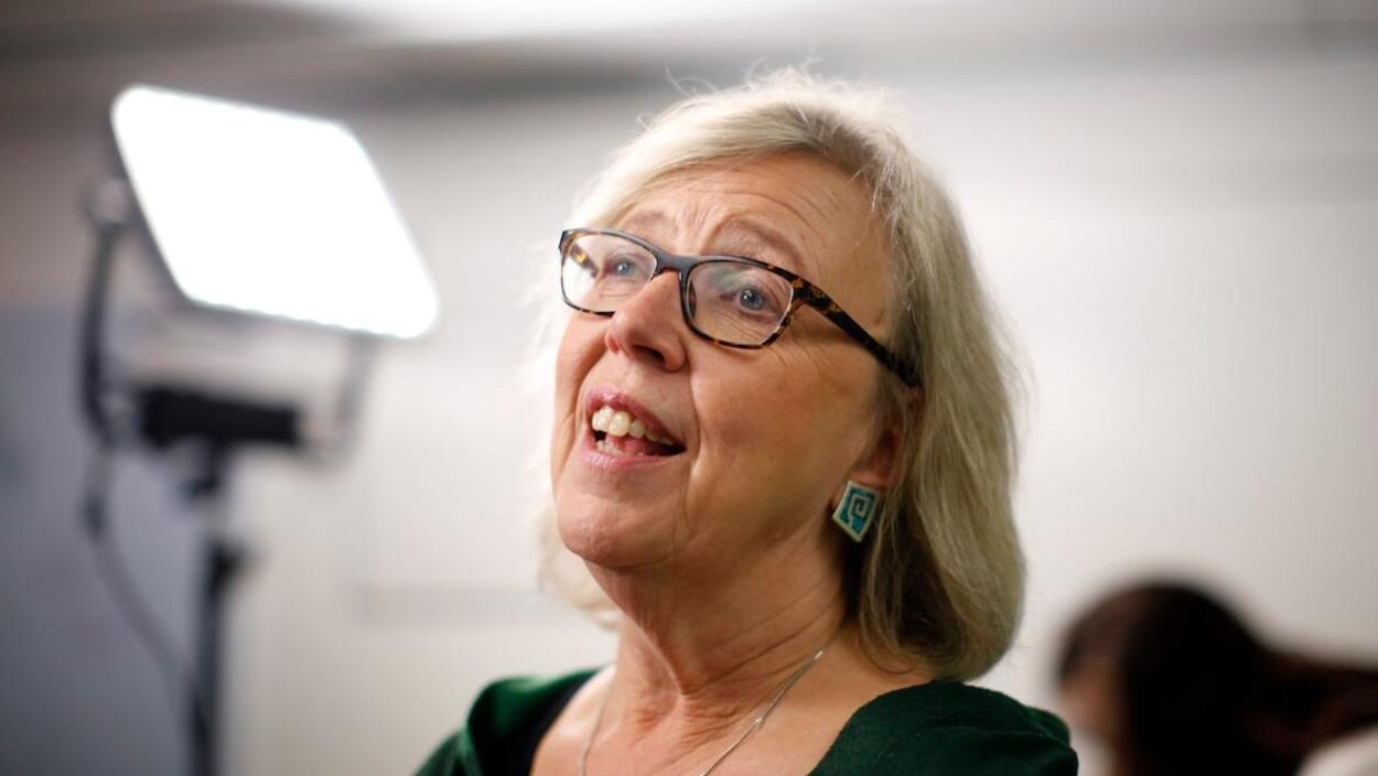 Habillée de vert, Elizabeth May pose devant une lampe.
