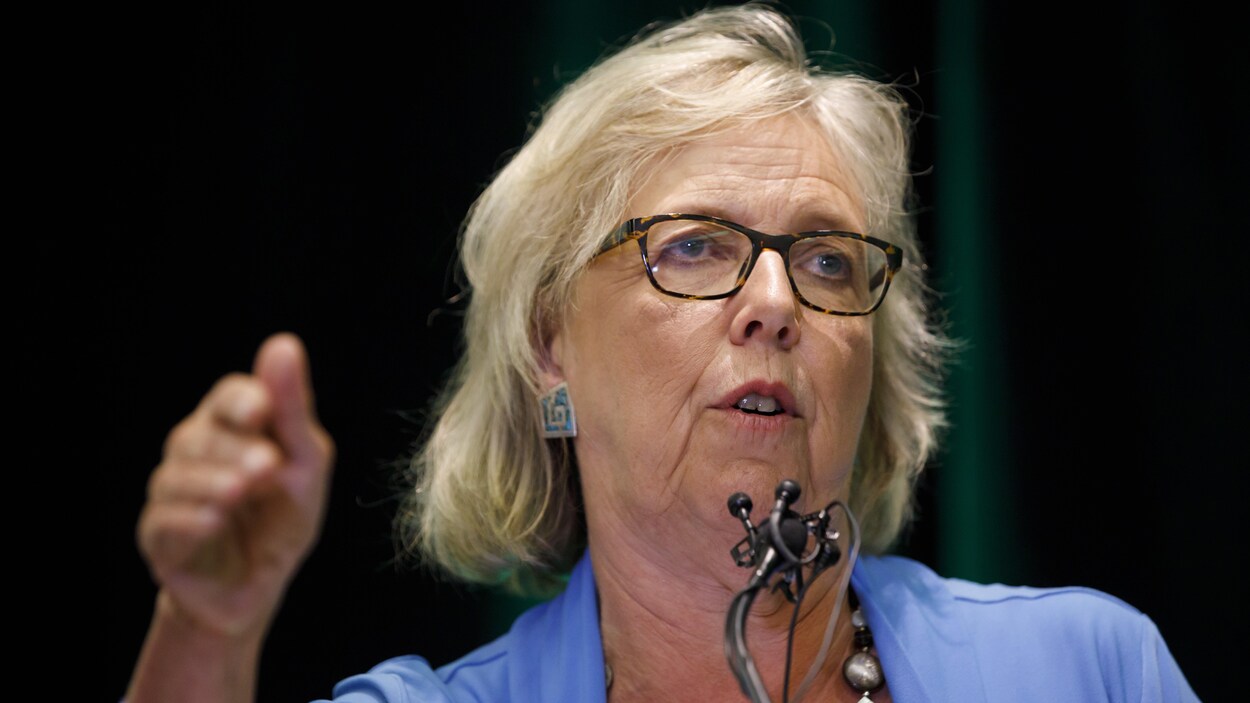Elizabeth May parle dans un micro en conférence de presse.