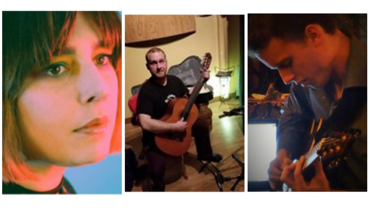 Gros plan sur Émilie Lebel, et les photos de Thomas Chevalier et de Philippe Gabriel jouant de la guitare.