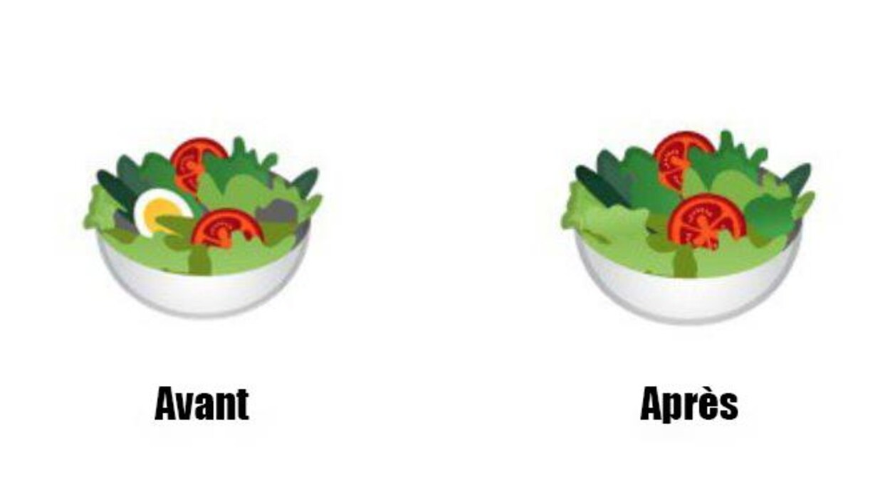 Une illustration montrant une deux salades côte à côte. La première porte la mention « avant » et un oeuf est placé dans la salade. La deuxième n'a plus d'oeuf et porte la mention « après ». Une illustration montrant une deux salades côte à côte. La première porte la mention « avant » et un oeuf est placé dans la salade. La deuxième n'a plus d'oeuf et porte la mention « après ».