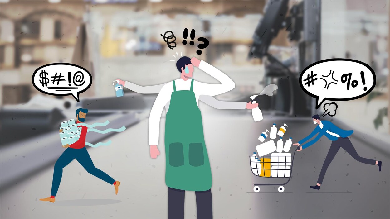 Illustration d'un employé dépassé par l'attitude des clients.
