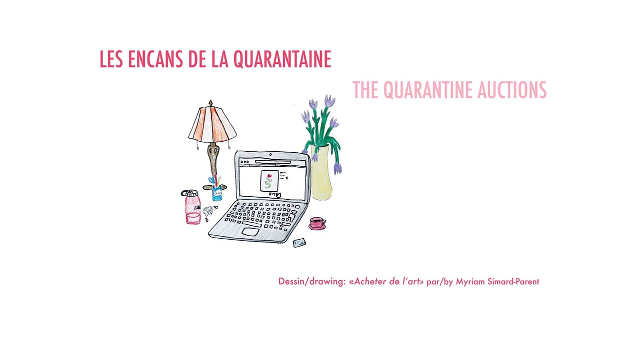 Dessin d'un ordinateur, d'une lampe, d'un pot de fleurs et de petits objets.