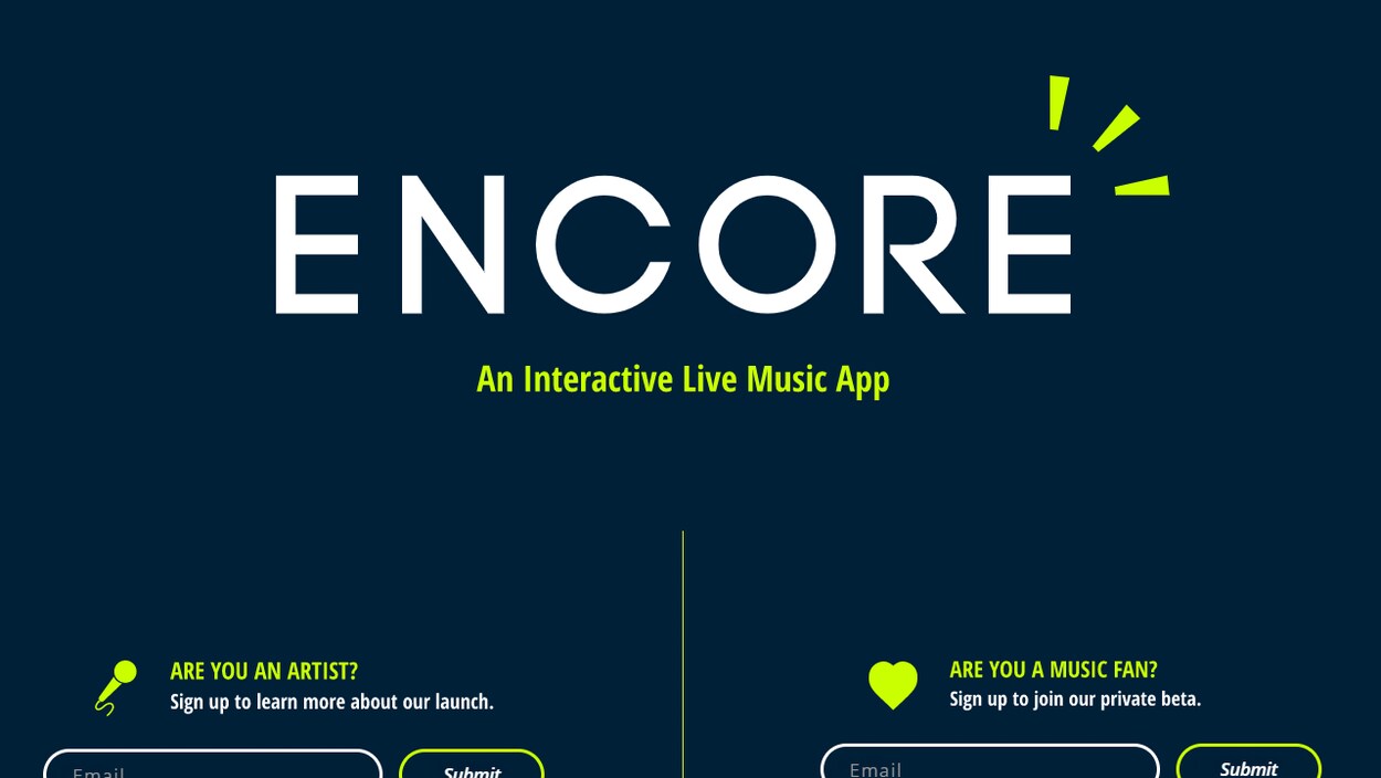 Capture d’écran de la page d'accueil du site Internet de l’application mobile Encore, qui invite artistes et mélomanes à s’inscrire pour obtenir des renseignements sur le lancement officiel.