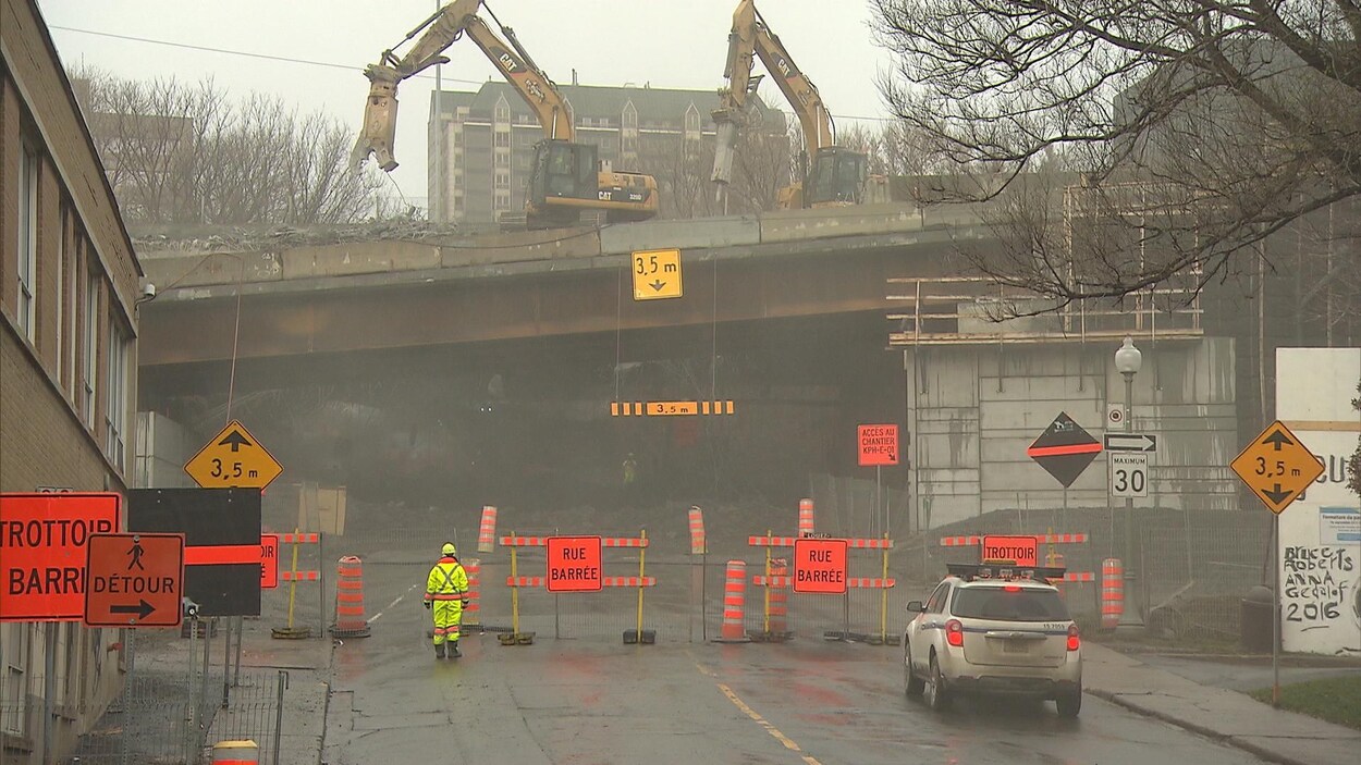 Plusieurs pancartes ont été installées sur une rue à Montréal pour signifier que la route est barrée. Plusieurs pancartes ont été installées sur une rue à Montréal pour signifier que la route est barrée.