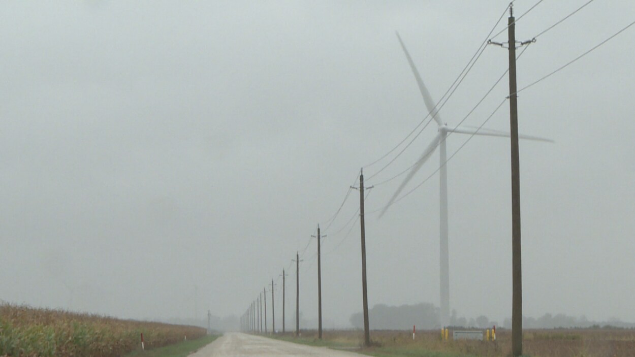 Une route à travers champs avec une énorme éolienne à droite
