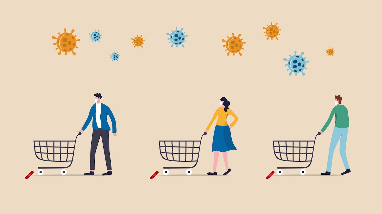 Illustration de clients qui gardent leurs distances dans une épicerie pour ne pas attraper le coronavirus.
