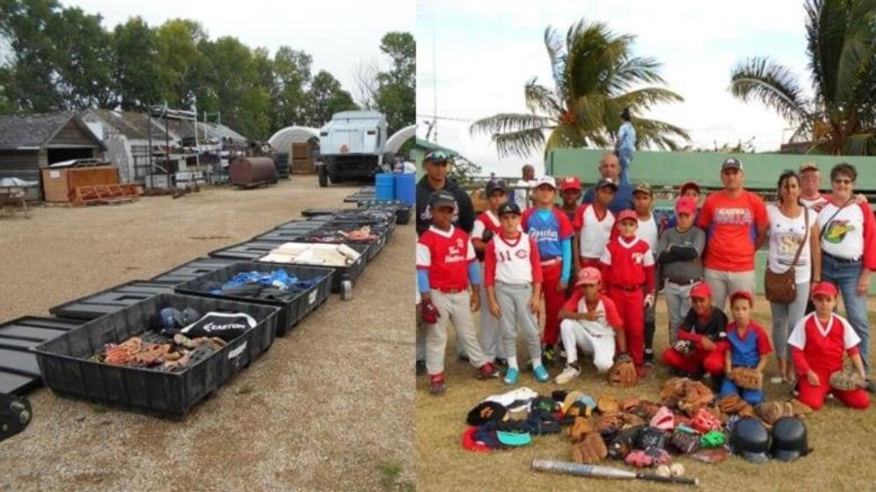 Deux photos juxtaposées : À gauche, les contenants sont déposés par terre. Et à droite, des enfants cubains en uniforme de baseball se tiennent debout devant des équipements de baseball pour prendre une photo de groupe.