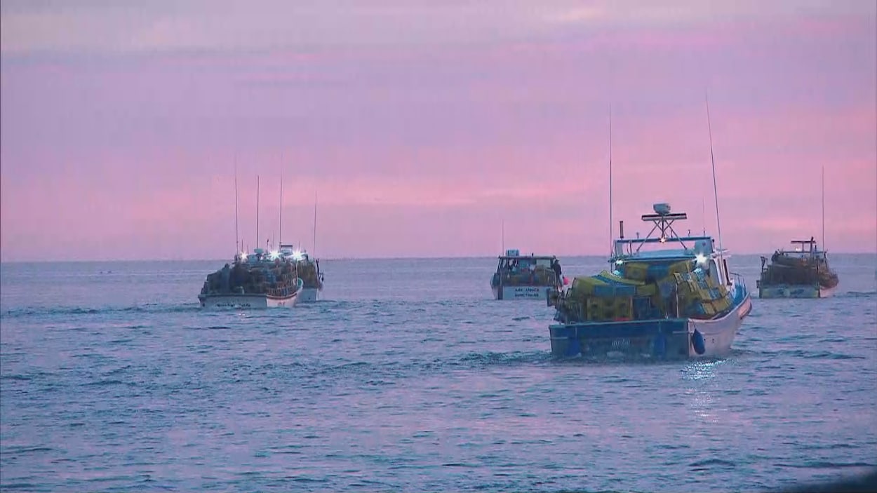 Des bateaux de pêche chargés de casiers prennent la mer au soleil levant.