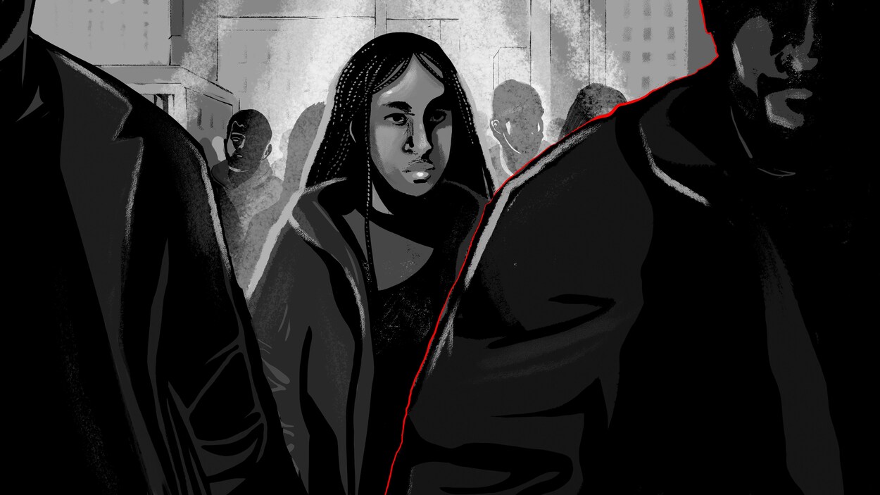 Illustration d'une femme qui suit un homme dans une foule.