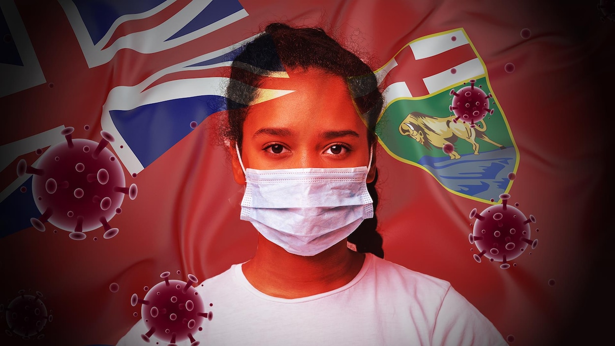Une image montrant une jeune femme portant un masque entourée d'éléments qui symbolisent le coronavirus et le Manitoba : image du virus, drapeau de la province