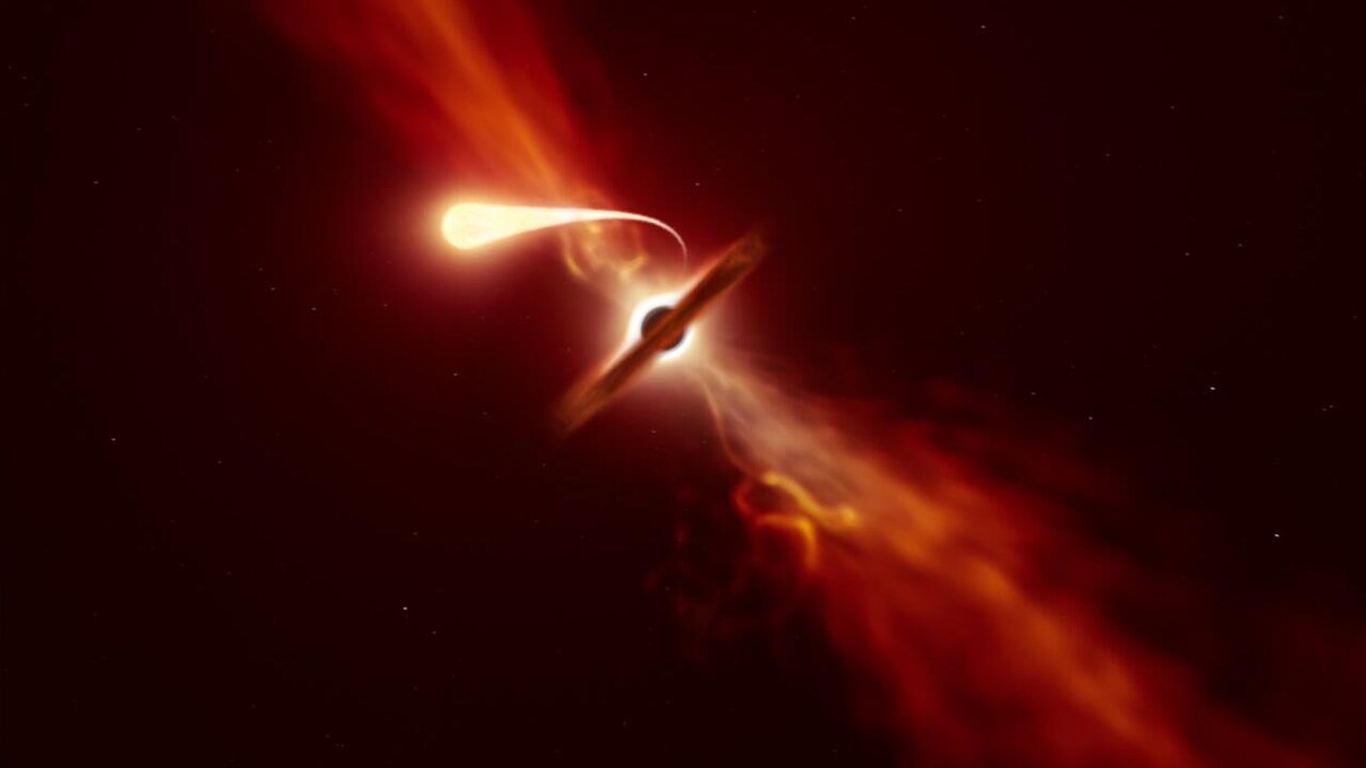 Vue d'artiste d'une étoile subissant l'effet de marée d'un trou noir supermassif.