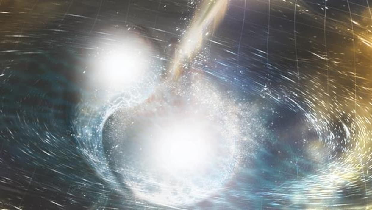 Représentation artistique de la fusion de deux étoiles à neutrons. La grille spatiotemporelle qui ondule représente les ondes gravitationnelles résultant de la collision. Représentation artistique de la fusion de deux étoiles à neutrons. La grille spatiotemporelle qui ondule représente les ondes gravitationnelles résultant de la collision.