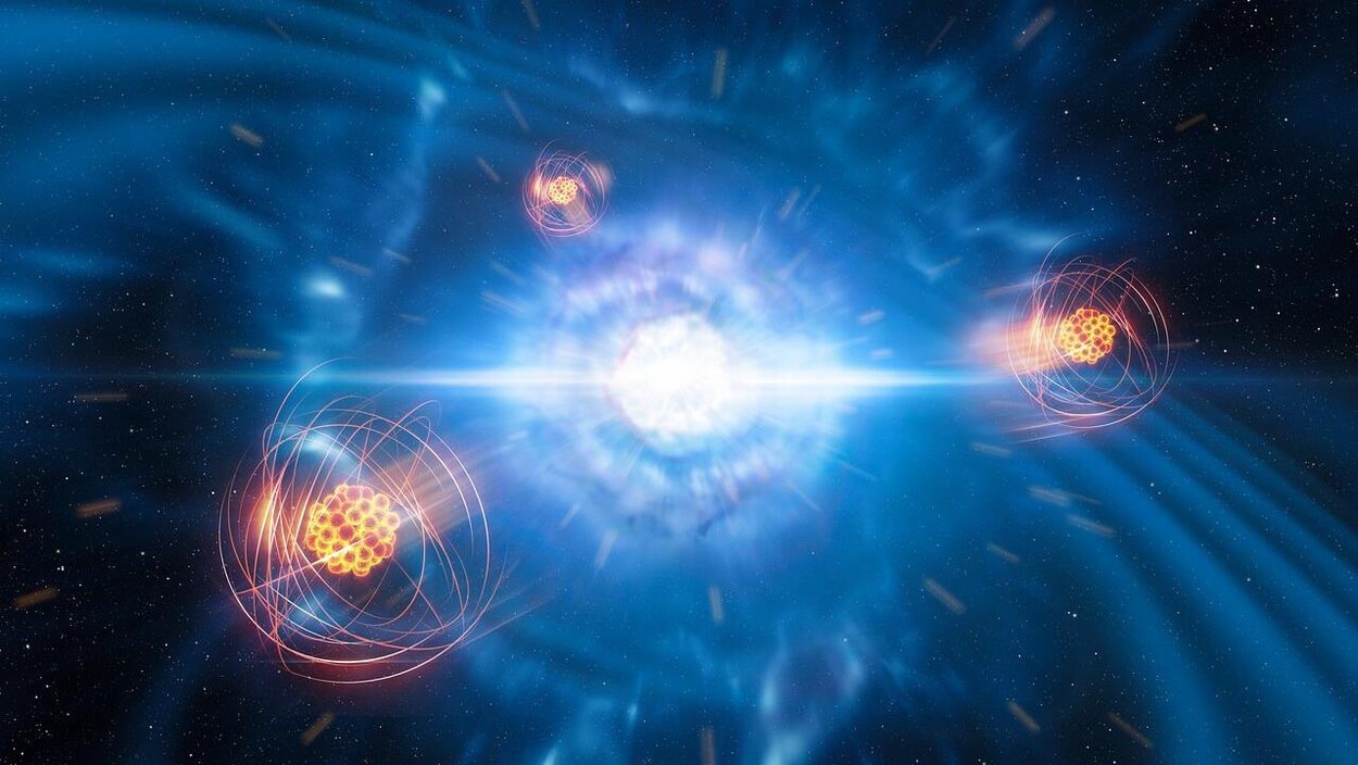 Illustration artistique montrant deux étoiles à neutrons de faibles dimensions.