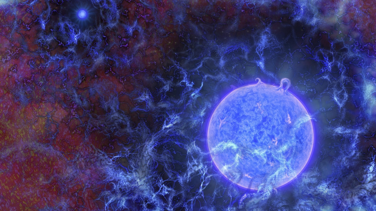 Image fournie par la Fondation nationale américaine des sciences illustrant l'apparence supposée des premières étoiles de l'univers. Image fournie par la Fondation nationale américaine des sciences illustrant l'apparence supposée des premières étoiles de l'univers.