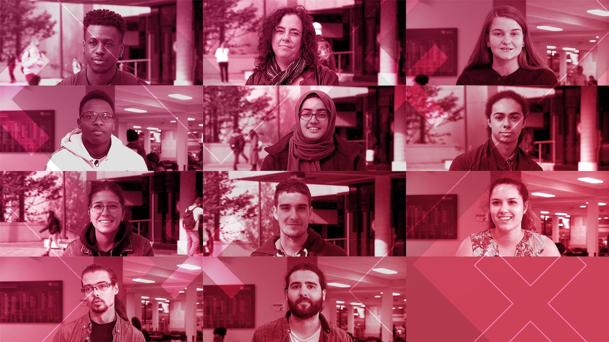 Une mosaïque présentant 11 photos de jeunes avec un filtre rose.