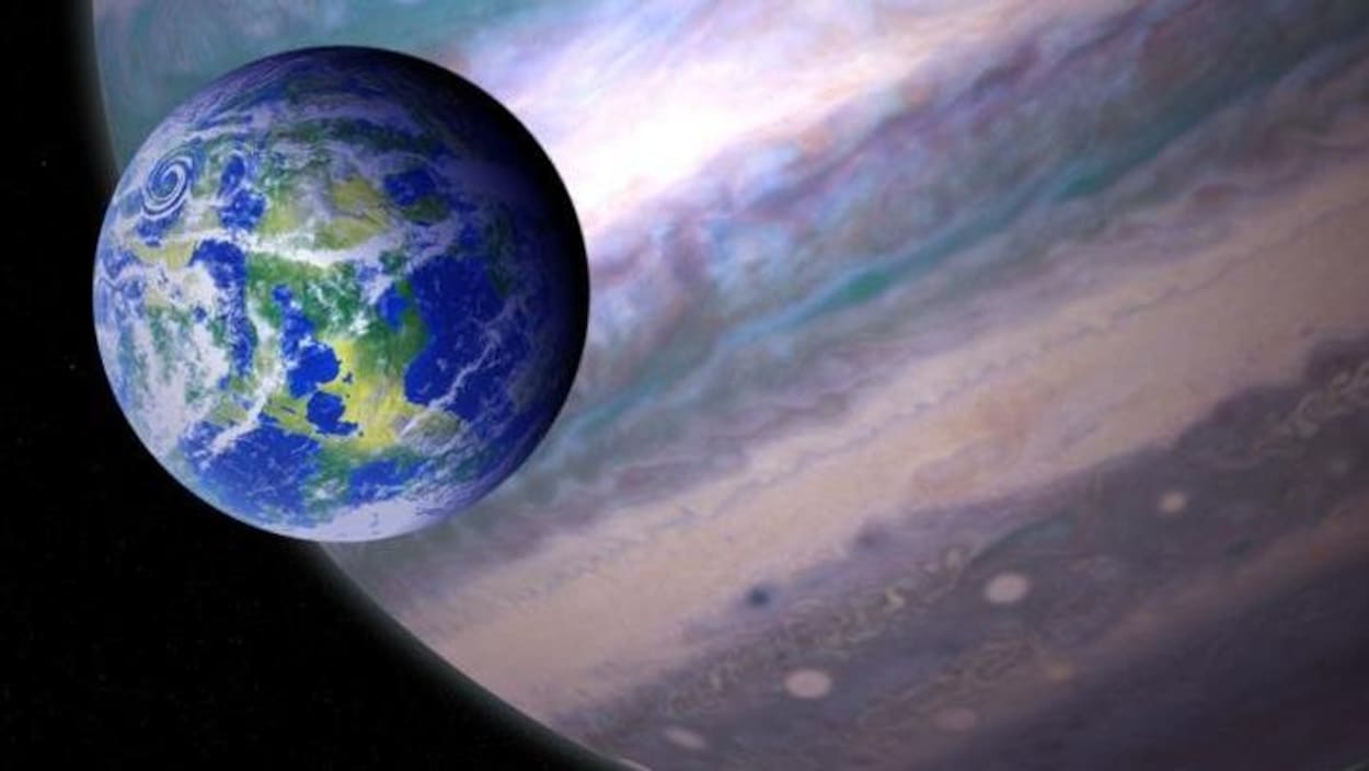 Représentation artistique d'une lune autour d'une exoplanète de type géante gazeuse.