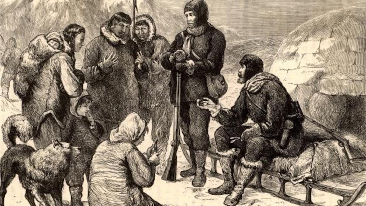 Gravure reproduisant une scène où des blancs rencontre des Inuits dans le Grand Nord.