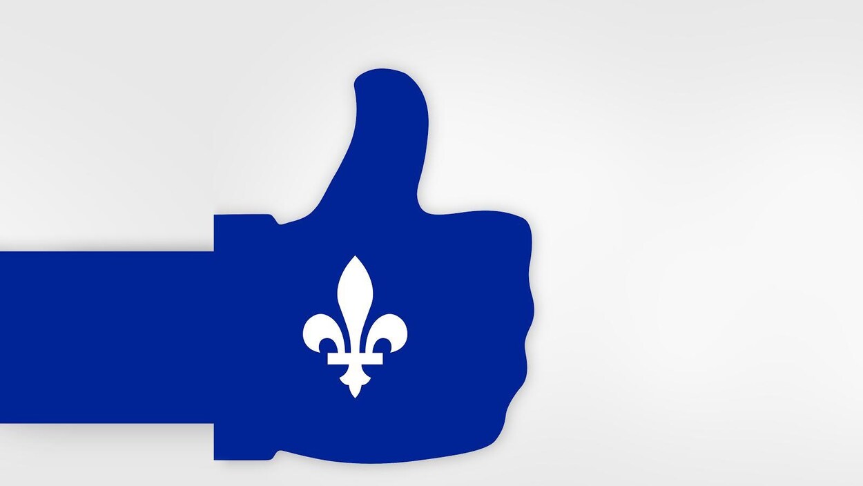 Un pouce en l'air sous les couleurs du drapeau du Québec