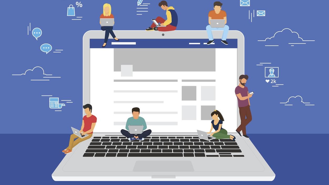 Illustration montrant des hommes et des femmes surfant sur le site de Facebook via des cellulaires et des ordinateurs portables. Illustration montrant des hommes et des femmes surfant sur le site de Facebook via des cellulaires et des ordinateurs portables.