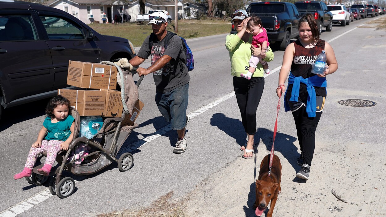 Un homme pousse une poussette avec un enfant et plusieurs boîtes de vivres. Une femme avec un bébé dans les bras et une adolescente avec un chien en laisse l'accompagnent. Une longue fil de voiture est immobilisée sur la route derrière eux. Un homme pousse une poussette avec un enfant et plusieurs boîtes de vivres. Une femme avec un bébé dans les bras et une adolescente avec un chien en laisse l'accompagnent. Une longue fil de voiture est immobilisée sur la route derrière eux.