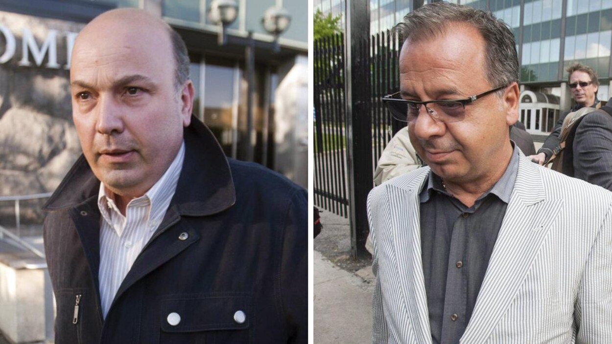 Photo montage montrant deux hommes, l'un porte des lunettes et l'autre porte une veste au col relevé.