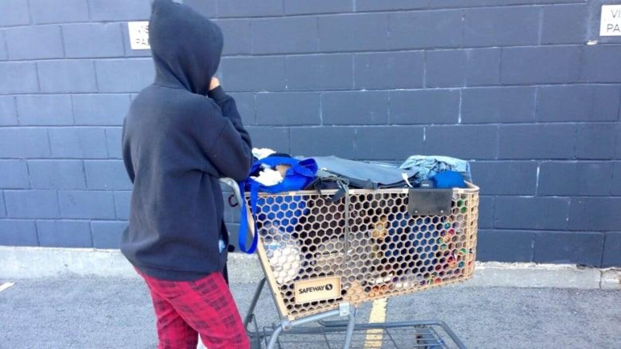 Une femme sans-abris qui pousse un charriot de supermarché.