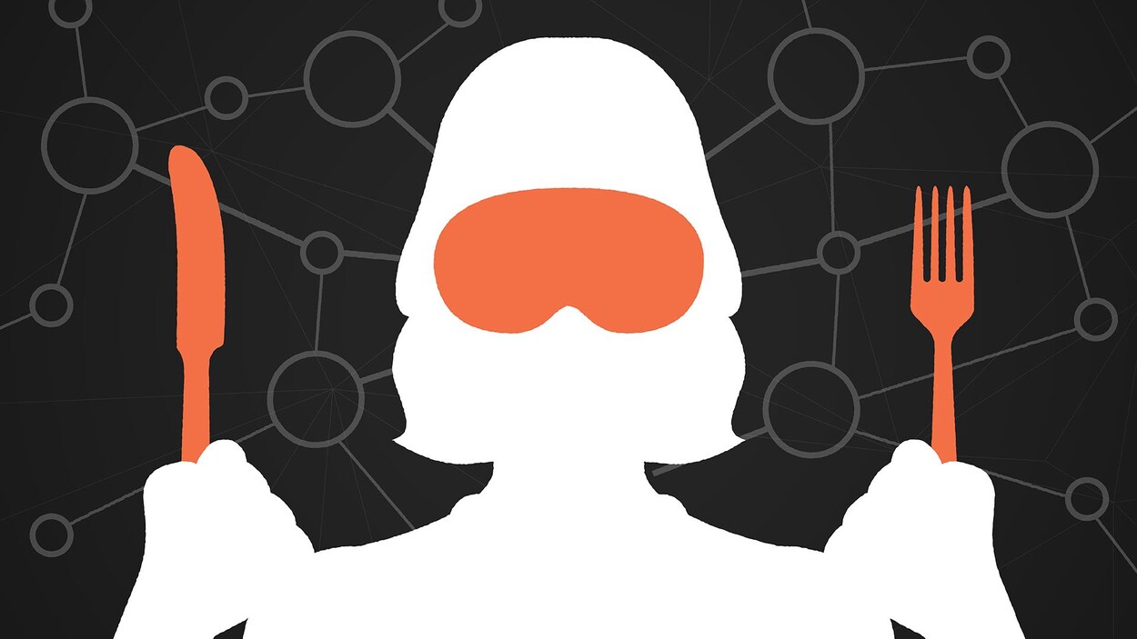 Une silhouette de femme portant un masque et des mains tenant des couverts.