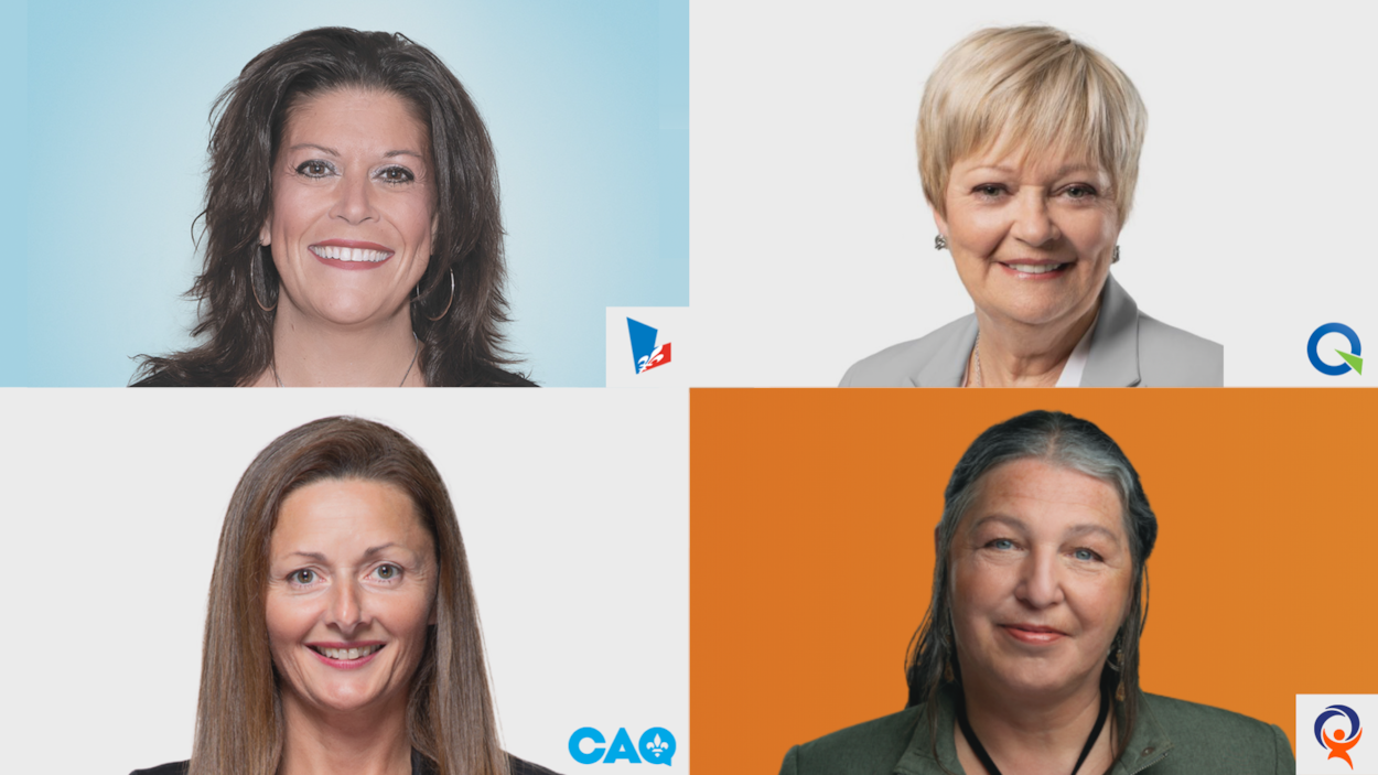 Dans le sens horaire, Annie Fournier, candidate PLQ dans Matane-Matapédia, Lorraine Richard, candidate PQ dans Duplessis, Nancy Lévesque, candidate CAQ dans Rimouski et Goulimine Sylvie Cadôret, candidate QS dans Rivière-du-Loup-Témiscouata
