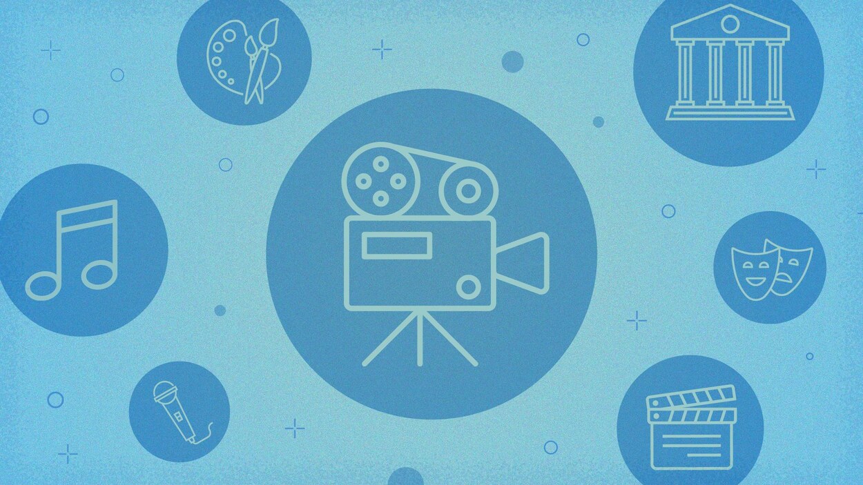 Montage graphique d'icônes représentants les arts sous diverses formes : le cinéma, le théâtre, les musées, les beaux-arts et la musique.