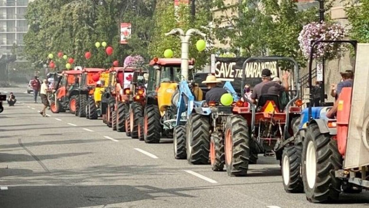 Des agriculteurs manifestent en tracteur dans les rues de Pentincton.